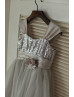 Silver Sequin Tulle Satin Sash Straps Big Bow Flower Girl Dress